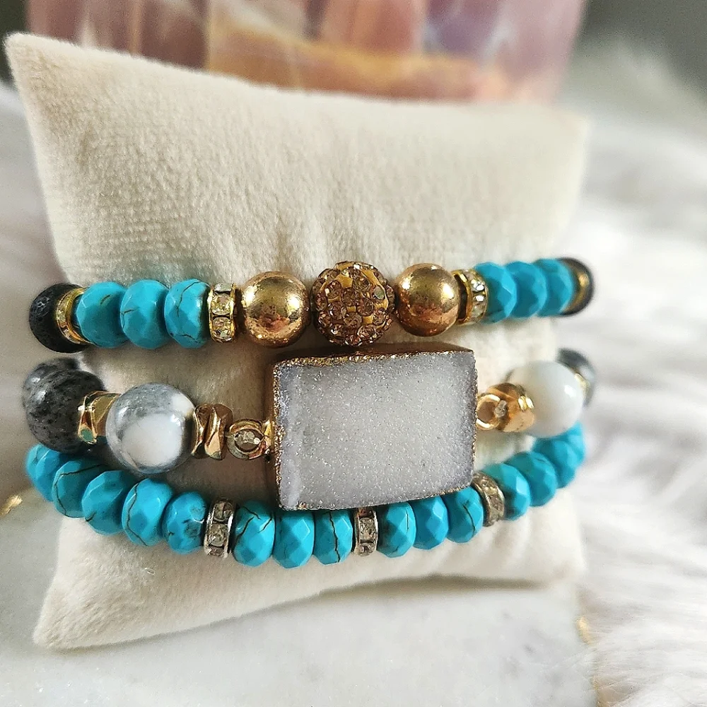 NWT Ryze Natural Lava Stone, Druzy, Larvikite, & Turquoise Bead Staxx Bracelets - Picture 2 of 6